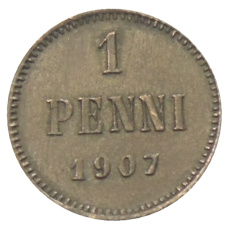 Монета 1 пенни 1907 года Русская Финляндия (аверс)