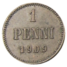 Монета 1 пенни 1909 года Русская Финляндия (аверс)