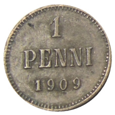 Монета 1 пенни 1909 года Русская Финляндия (аверс)
