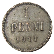 Монета 1 пенни 1911 года Русская Финляндия (аверс)