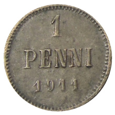 Монета 1 пенни 1911 года Русская Финляндия (аверс)