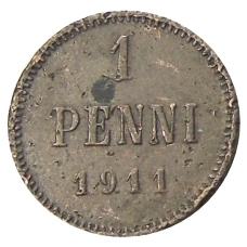 Монета 1 пенни 1911 года Русская Финляндия (аверс)