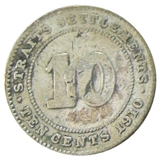 Монета 10 центов 1910 года Стрейтс Сетлментс (аверс)