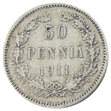Монета 50 пенни 1911 года Русская Финляндия (аверс)
