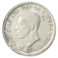 Монета 50 сентимо 1926 года Испания (аверс)