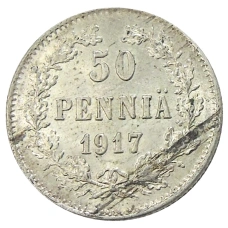 Монета 50 пенни 1917 года Русская Финляндия — Орел без корон (Временное правительство) (аверс)