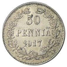 Монета 50 пенни 1917 года Русская Финляндия —  Орел без корон (Временное правительство) (аверс)