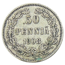 Монета 50 пенни 1908 года Русская Финляндия (аверс)