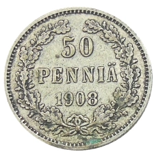 Монета 50 пенни 1908 года Русская Финляндия (аверс)