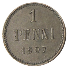 Монета 1 пенни 1907 года Русская Финляндия (аверс)
