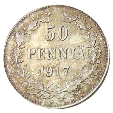 Монета 50 пенни 1917 года Русская Финляндия — Орел без корон (Временное правительство) (аверс)