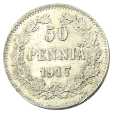 Монета 50 пенни 1917 года Русская Финляндия -Орел без корон (Временное правительство) (аверс)