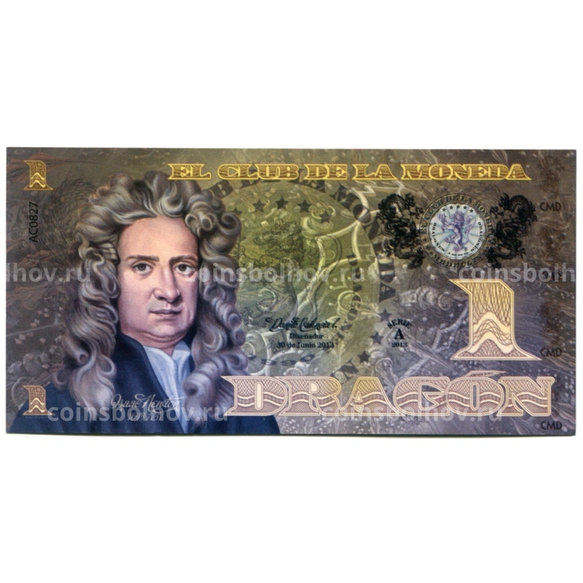 Банкнота 1 драгон 2013 года Колумбия «Исаак Ньютон»