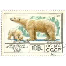 Марка «Охраняемые млекопитающие фауны СССР — Белый медведь» 1977 год