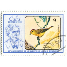 Марка «Золотистый лесной певун» 1986 год Куба (аверс)