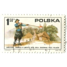 Марка «первый стекольный завод в Джеймстауне построен поляками» 1975 год Польша