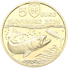 Монета 5 евро 2025 года Словакия «Фауна и флора Словакии — Дунайский лосось» (реверс)