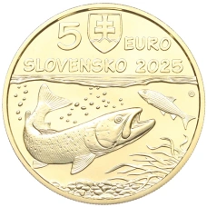 Монета 5 евро 2025 года Словакия «Фауна и флора Словакии — Дунайский лосось» (реверс)