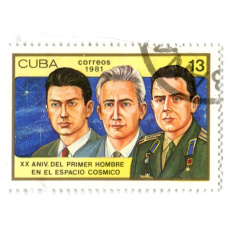Марка «»Б. Егоров, К. Феоктистов, В. Комаров» 20 лет первого полета человека в космосе» 1981 год Куба (аверс)