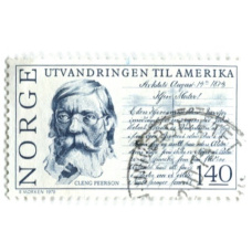 Марка «Кленг Пеерсон 150 лет созданию книги «Эмиграция в Америку»  1975 год Норвегия (аверс)