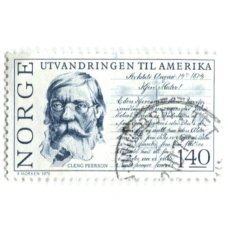 Марка «Кленг Пеерсон 150 лет созданию книги «Эмиграция в Америку»  1975 год Норвегия (аверс)
