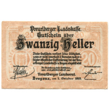 Банкнота 20 геллеров 1919 года Австрия — Форарльберг(нотгельд)