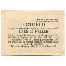 Банкнота 20 геллеров 1920 года Австрия — Руппершталь(нотгельд) (вид 2)