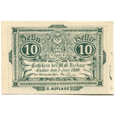 Банкнота 10 геллеров 1920 года Австрия — Ридау (нотгельд)