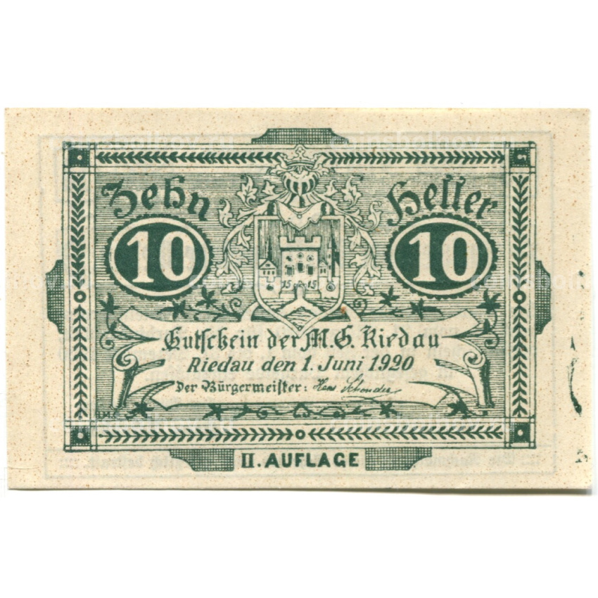 Банкнота 10 геллеров 1920 года Австрия — Ридау (нотгельд)