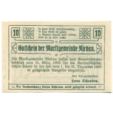 Банкнота 10 геллеров 1920 года Австрия — Ридау (нотгельд) (вид 2)