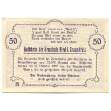 Банкнота 50 геллеров 1920 года Австрия — Рид-им-Траункрайс (нотгельд) (вид 2)