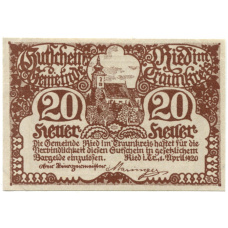 Банкнота 20 геллеров 1920 года Австрия — Рид-им-Траункрайс (нотгельд)