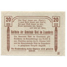 Банкнота 20 геллеров 1920 года Австрия — Рид-им-Траункрайс (нотгельд) (вид 2)