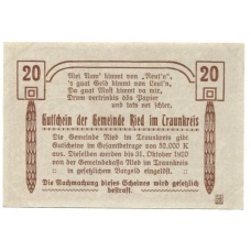 Банкнота 20 геллеров 1920 года Австрия — Рид-им-Траункрайс (нотгельд) (вид 2)
