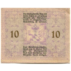 Банкнота 10 геллеров 1920 года Австрия — Рид-им-Иннкрайс (нотгельд) (вид 2)