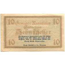Банкнота 10 геллеров 1920 года Австрия — Рансхофен (нотгельд) (вид 2)