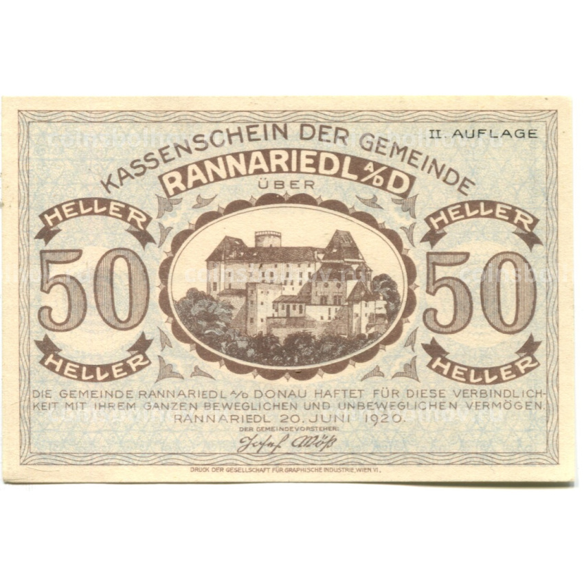 Банкнота 50 геллеров 1920 года Австрия — Раннариедль (нотгельд)