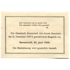 Банкнота 50 геллеров 1920 года Австрия — Раннариедль (нотгельд) (вид 2)