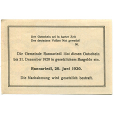Банкнота 20 геллеров 1920 года Австрия — Раннариедль (нотгельд) (вид 2)