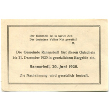 Банкнота 50 геллеров 1920 года Австрия — Раннариедль (нотгельд) (вид 2)