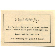 Банкнота 20 геллеров 1920 года Австрия — Раннариедль (нотгельд) (вид 2)