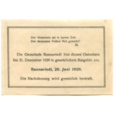 Банкнота 10 геллеров 1920 года Австрия — Раннариедль (нотгельд) (вид 2)