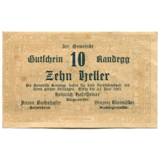 Банкнота 10 геллеров 1921 года Австрия  — Рандег (нотгельд)