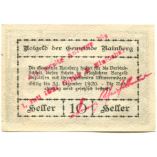 Банкнота 10 геллеров 1920 года Австрия — Райнсберг (нотгельд) (вид 2)
