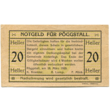 Банкнота 20 геллеров 1920 года Австрия — Пёггшталь (нотгельд)