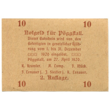 Банкнота 10 геллеров 1920 года Австрия — Пёггшталь (нотгельд) (вид 2)