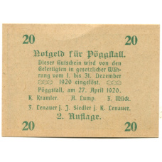 Банкнота 20 геллеров 1920 года Австрия — Пёггшталь (нотгельд) (вид 2)