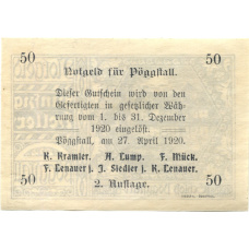 Банкнота 50 геллеров 1920 года Австрия — Пёггшталь (нотгельд) (вид 2)