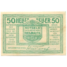 Банкнота 50 геллеров 1920 года Австрия — Рид-бай-Маутхаузен (нотгельд) (вид 2)