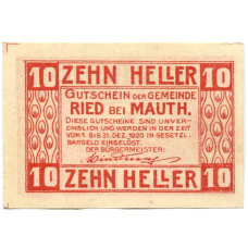 Банкнота 10 геллеров 1920 года Австрия — Рид-бай-Маутхаузен (нотгельд) (вид 2)